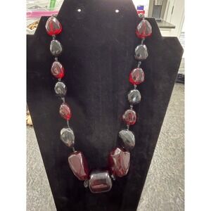 Vintage Chunky Ruby Red Glass Hematite Bead Statement Necklace Hand Knotted Boho